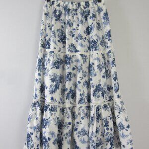 Cupcakes and Cashmere Womens L White BLue Floral LInen Rayon Tiered Midi Skirt